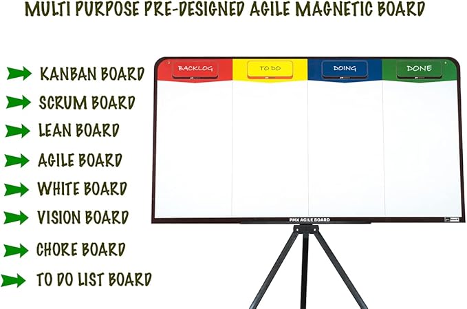 PMXBOARD Magnetic Kanban & Scrum Board – Lightweight Agile Whiteboard with Customizable Headlines | Project Planning Board for Home, Office & School | Includes Easel, Markers, Eraser & Wall Mount Kit