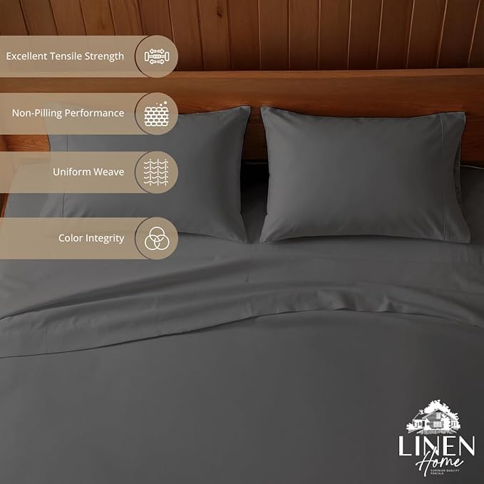 Linen Home 100% Cotton Percale Sheets Queen Size, Smoky Charcoal, Deep Pocket - Image 2
