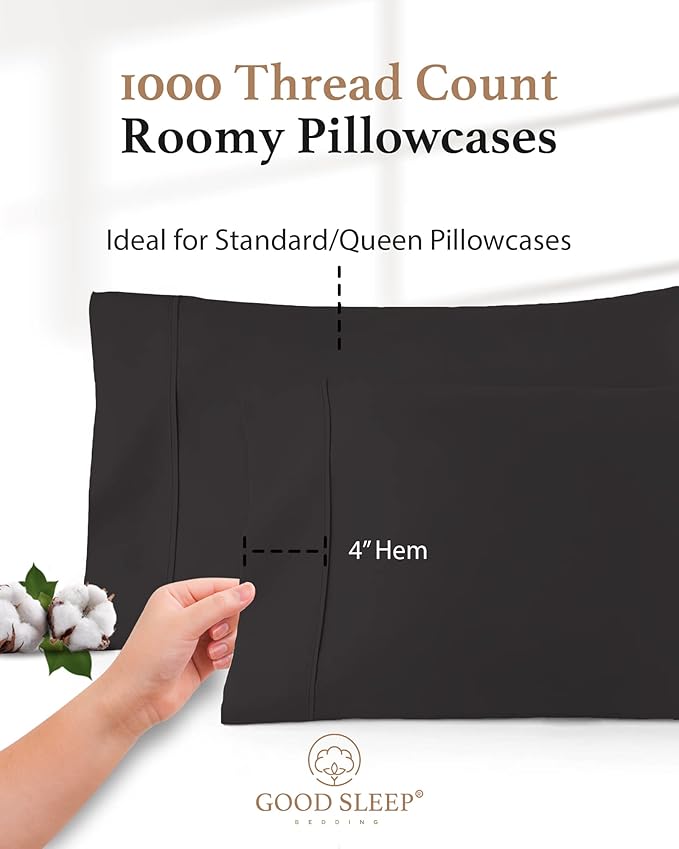 1000 TC Black Standard Pillowcases Set of 2 100% Egyptian Cotton Pillow Cases - Image 3
