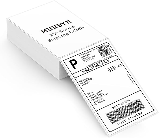 MUNBYN 4"x6" Direct Thermal Shipping Labels, Commercial Grade Permanent Adhesive Fanfold Mailing Postage Label Paper for Thermal Printers and Packages, 220 Sheets per Stack