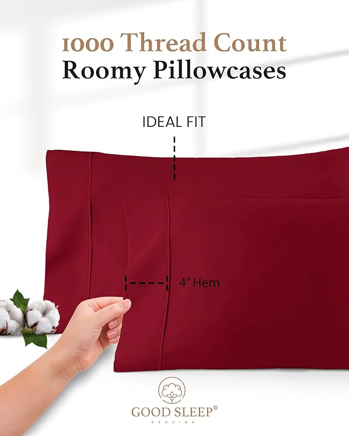1000 TC Burgundy King Pillowcases Set of 4 100% Egyptian Cotton Pillow Cases - Image 3