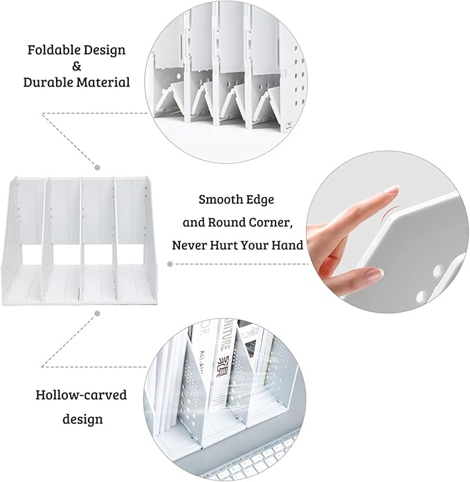 SAYEEC Collapsible Magazine Holder Plastic Desktop 4 Compartment File Desk Magazine Organizer Vertical File Divider Sorter Storage Document Organizer for Office Home School Gray