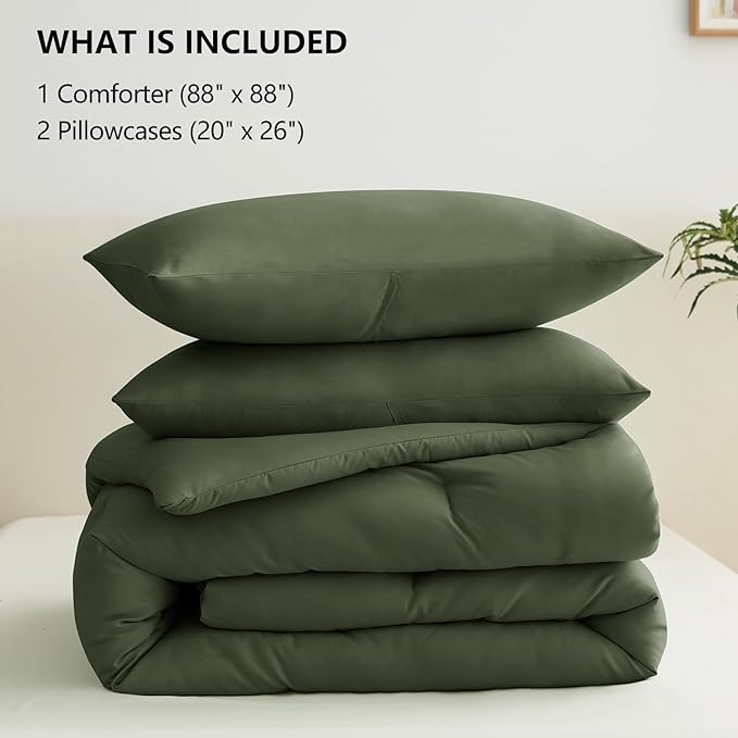 CozyLux Queen Comforter Set Olive Green, 3 Pieces Solid Comforters Queen Size - Image 6