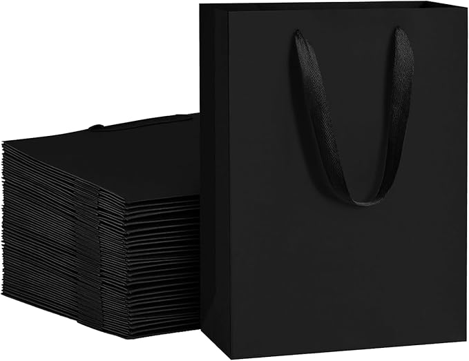 BagDream Black Gift Bags with Handles 8x4x11 Inch 50pcs Black Kraft Paper Bags Bulk, Medium Birthday Wedding Party Shopping Retail Merchandise Paper Sacks