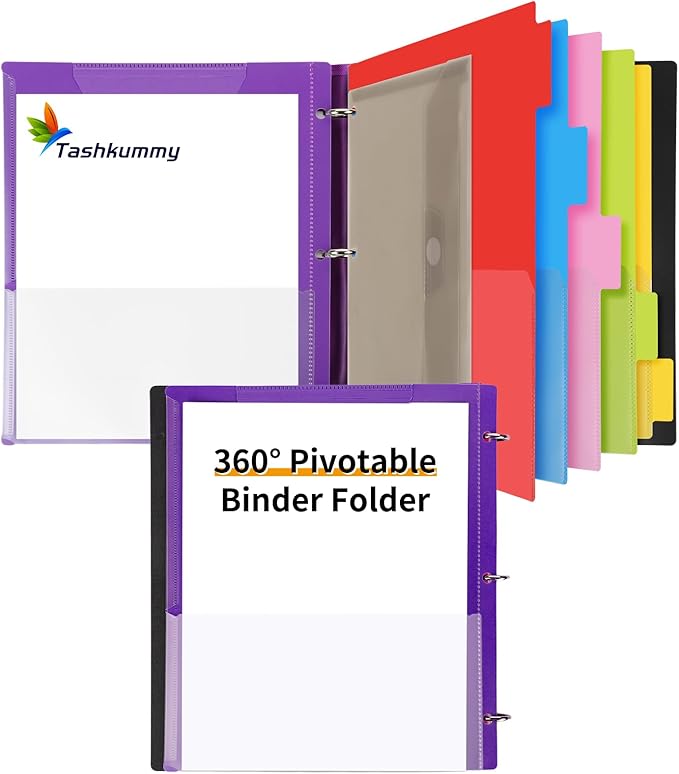 360° Pivotable Project Organizer Binder, Upgraded 3 Ring Binder with Colored Tab Dividers with Pockets, Customizable Cover Multi Pocket Folder Binders for Home, School, Office- Purple