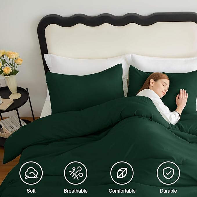 CozyLux Dark Emerald Green Queen Comforter Set, 3 Pieces Solid Breathable - Image 4