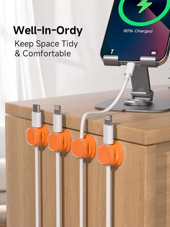 Magnetic Cable Clips, Adjustable Cord Holder Management, Adhesive Wire Keeper Organizer for Home Office Desk Phone PC Car Wall Desktop Nightstand Appliance (9-PCS Orange)