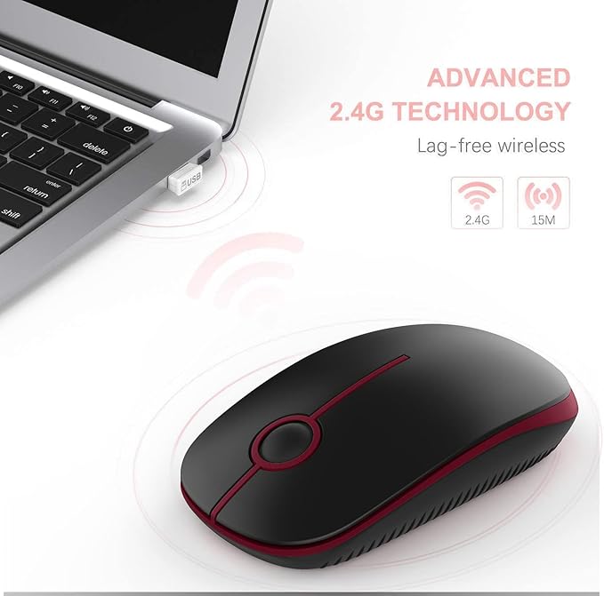 VssoPlor Wireless Mouse, 2.4G Slim Portable Quiet Computer Mice with Nano Receiver for Notebook, PC, Laptop, Computer-Black and Wine Red