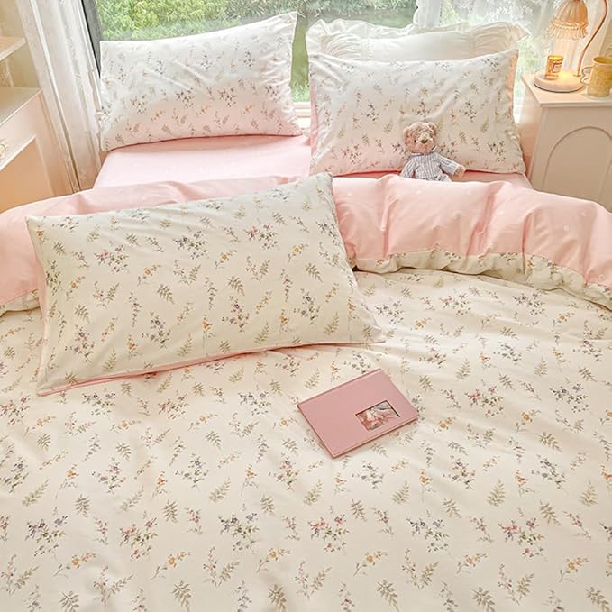Nayoroom Floral Duvet Cover Queen Size Girls Pink White Botanical Flower - Image 4