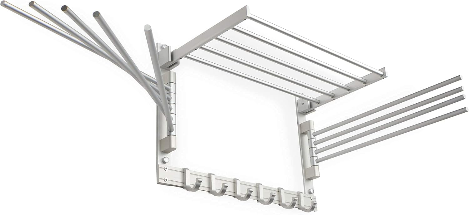 brightmaison BGT Wash Clothes Drying Rack Wall Mount Laundry Room Organizer with Hooks & Swing Arms, 17" Metal Laundry Rack Silver