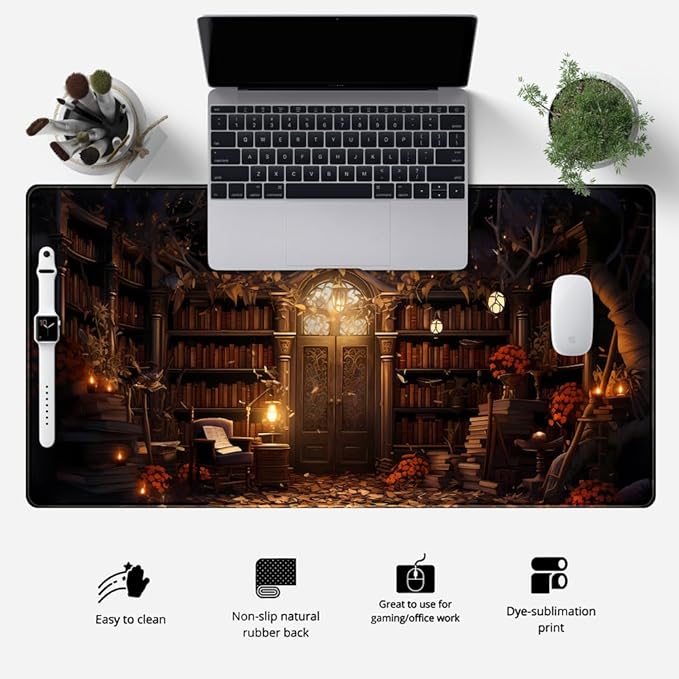 Medieval Bookshelf Desk Pad Mat Vintage Gothic Bookcase Bookshelf Deskpad Large Gaming Flower Mouse Pad XXL Plant Keyboard Mouse Pads Large 31.5x15.8 in-with Stitched Eges Non-Slip Base Mat