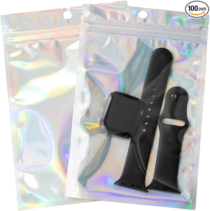 100Pcs Holographic Packaging Bags, 4.7x7 inch Resealable Foil Pouch Mylar Sample Bag Great for Small Business and Party