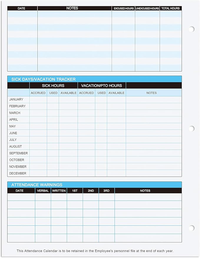 2026 Attendance Calendar Work Tracker Attendance Calendar Cards - 8.5 X 11 Cardstock/Pack of 50 Sheets