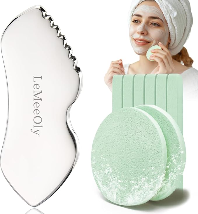 LeMeeOly Gua Sha Facial Tools Stainless Steel & Compressed Facial Sponges by LeMeeOly