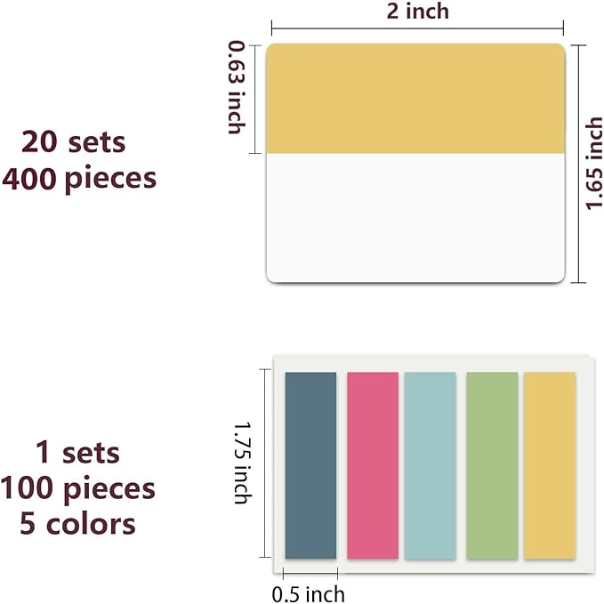 ELII 500 PCS Sticky Tabs 2 Inch Index Tabs, Colored Page Markers Repositionable Tags Reading Tabs Self Adhesive Tape Flags for Books, Binders, Notebook and File Folders