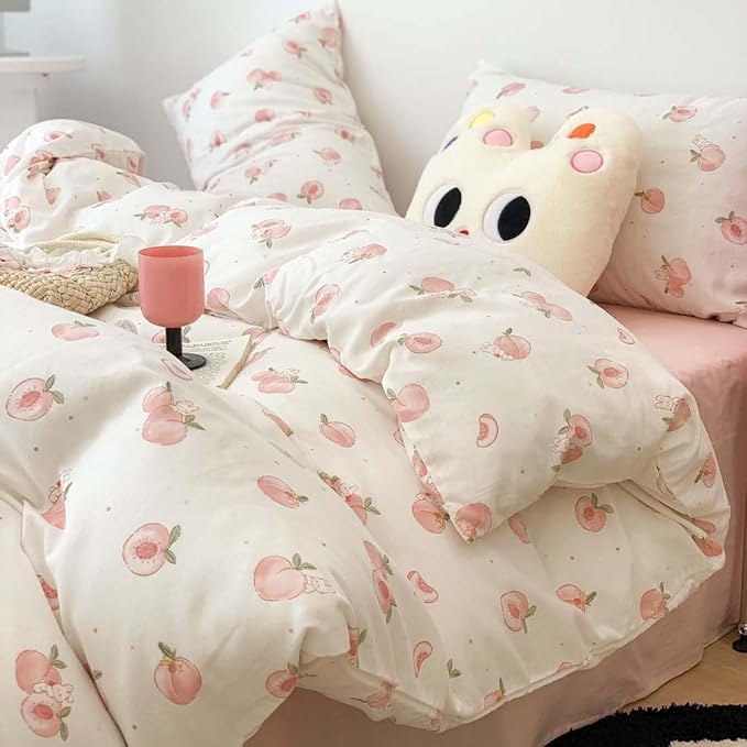 Nayoroom Pink Peach Duvet Cover Full Size Kawaii Fruit Peaches Rabbit Printed - Image 3