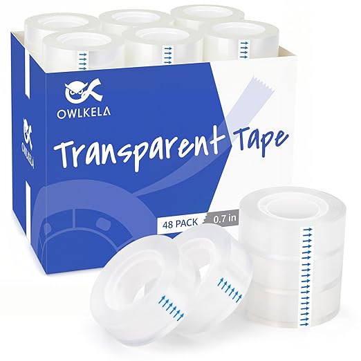 OWLKELA 48 Rolls Transparent Tape Refills, Clear Tape, All-Purpose Transparent Glossy Tape for Office, Home, School