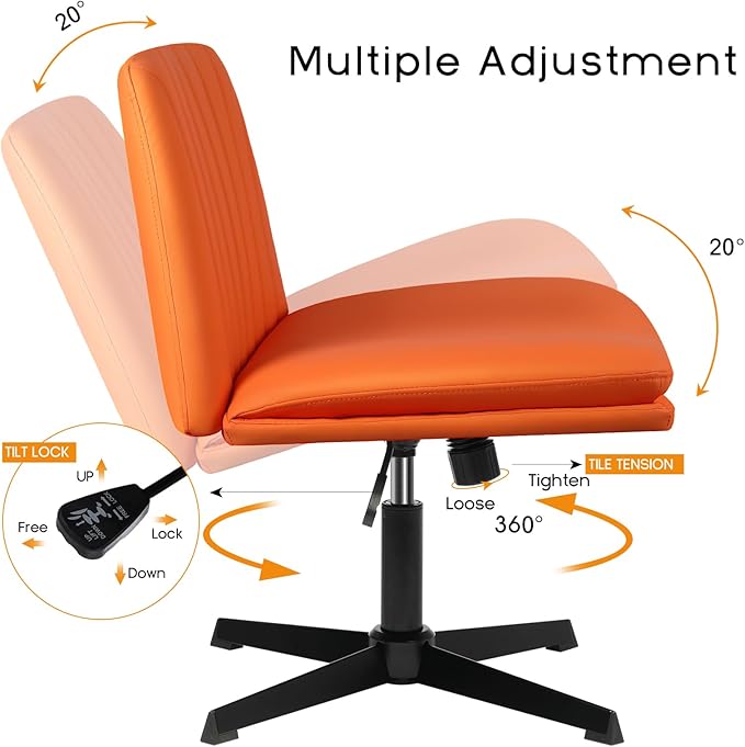 PUKAMI Criss Cross Legged Office Chair,Armless Office Desk Chair No Wheels,PU Leather Modern Swivel Vanity Chair,Height Adjustable Wide Seat Mid Back Computer Task Chair for Home Office