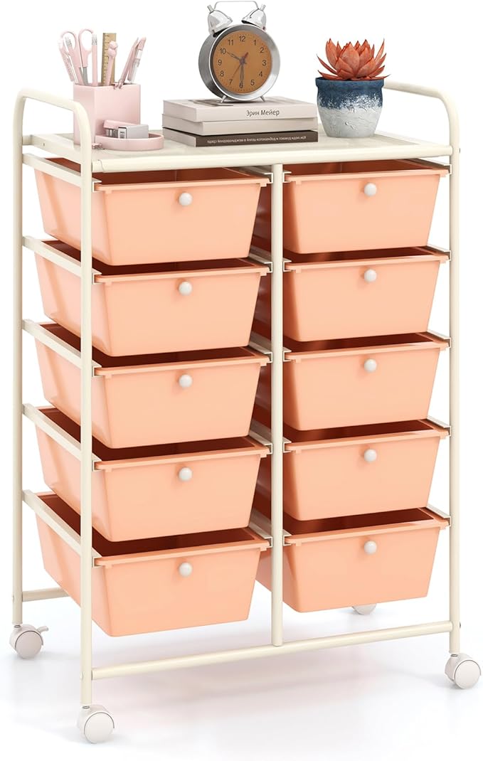 GOFLAME 10-Drawer Rolling Storage Cart, Art Craft Storage Organizer on Wheels, Multipurpose Movable Utility Cart for School, Office and Home, Peach Fuzz