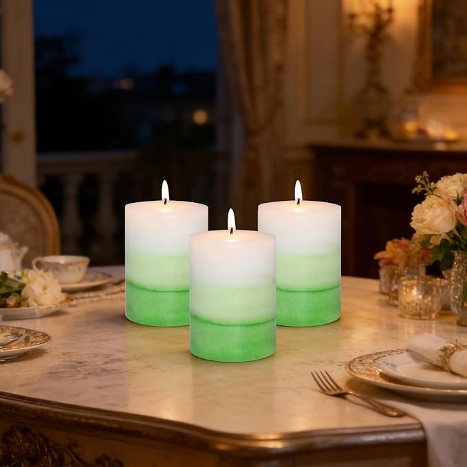 Pillar Candles 3x4 Inch Eucalyptus Scented Hand-Poured Layered Green Gradient - Image 5