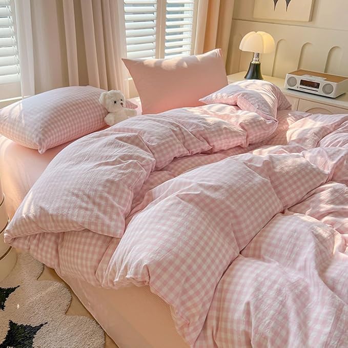 Nayoroom Gingham Duvet Cover Twin Size Pink White Plaid Checkered Comforter - Image 2