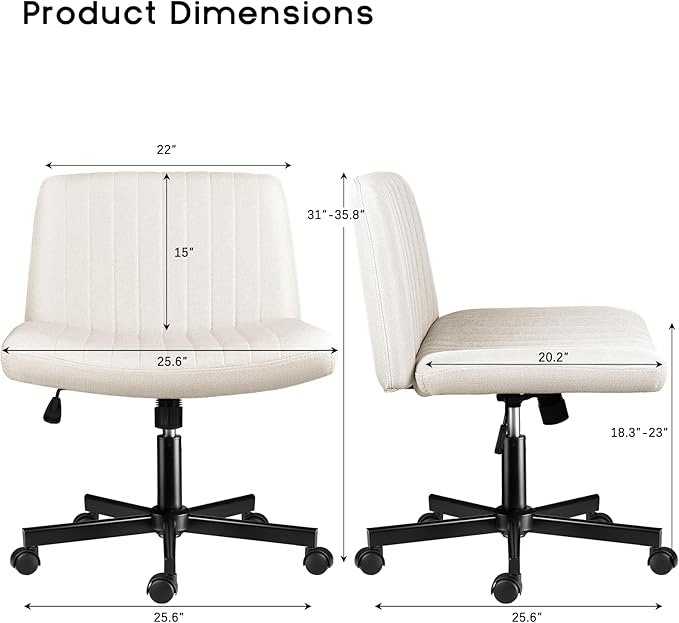 PUKAMI Criss Cross Chair with Wheels,Fabric Padded Armless Cross Legged Office Desk Chair for Home Office,Modern Swivel Height Adjustable Wide Seat(Beige)