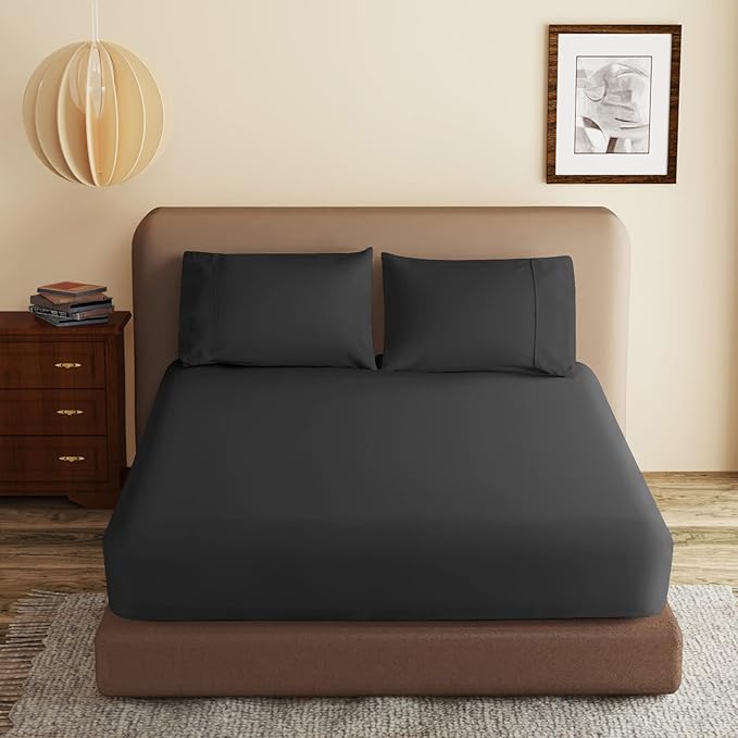 100% Egyptian Cotton Fitted Sheet Twin Size Black, 600 Thread Count, 8-16" Deep by ZaizaiHome