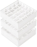 Criusia 3 Pack Sock Underwear Drawer Organizer Dividers, 64 Cell Fabric Foldable Cabinet Closet Organizers and Storage Boxes for Storing Socks, Panties, Ties (16+24+24 Cell, White)