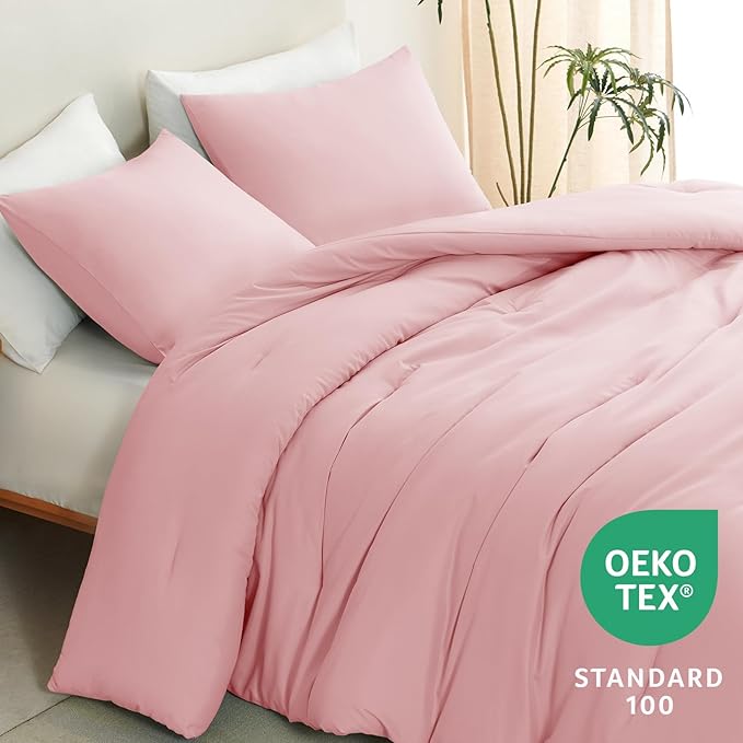CozyLux Queen Comforter Set Pink, 3 Pieces Solid Comforters Queen Size - Image 4