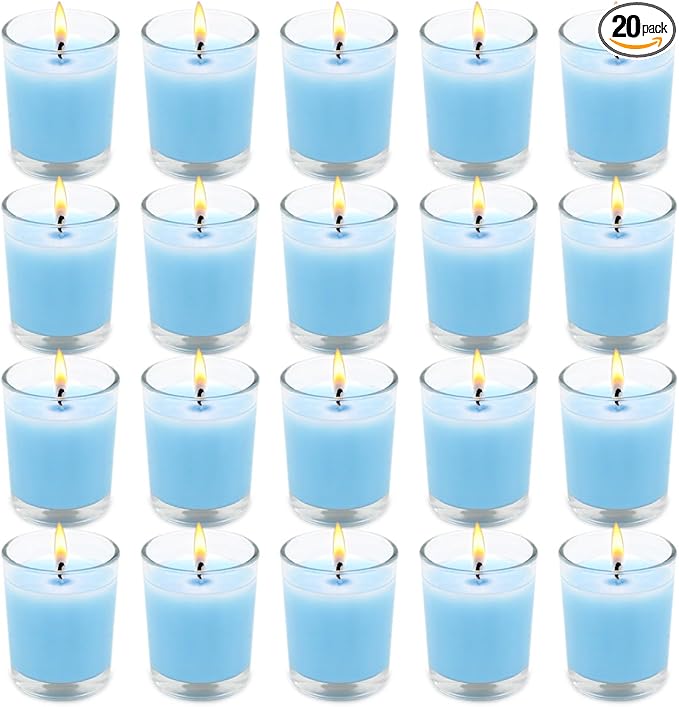Set of 20 Babyblue Votive Candles Clear Glass Filled Unscented Soy Wax Candle by BERYSCEN