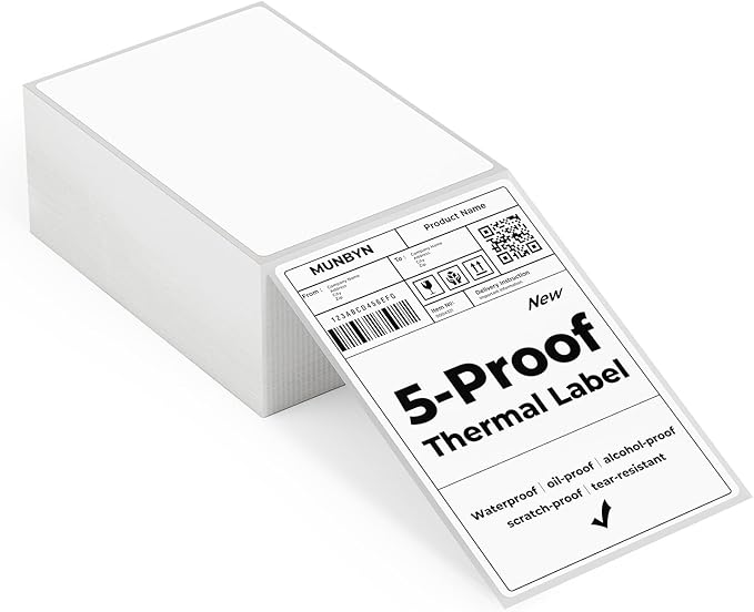 MUNBYN 4"x6" Direct Thermal Shipping Labels, Durable Waterproof, Oil-Proof, Scratch-Proof, Alcohol-Resistant, Tear-Resistant Label Paper for Thermal Printers, Packages, 380 Sheets/Fanfold