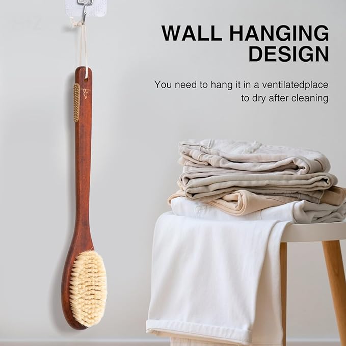 Wooden Bath Brush with Stiff Sisal Bristles Long Handle - Image 6
