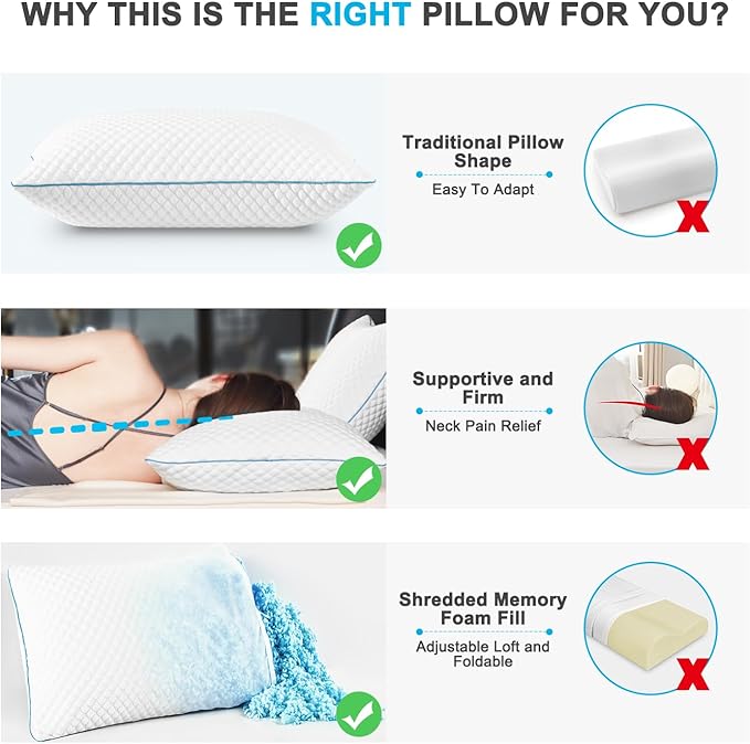VVZ Cooling Bed Pillows Standard Size Set of 2, Shredded Memory Foam Pillows - Image 3