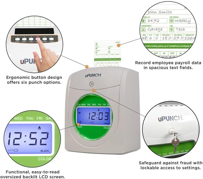 uPunch HN1500 Starter Time Clock Bundle for Small Business: Employee Punch Clock System with 100 Time Cards, Card Rack, and Ribbon