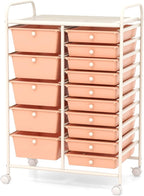 HAPPYGRILL 15-Drawer Rolling Cart, Storage Carts with Removable Drawers & Steel Frame, Utility Cart on Lockable Wheels for Home, School, Office (Peach Fuzz)