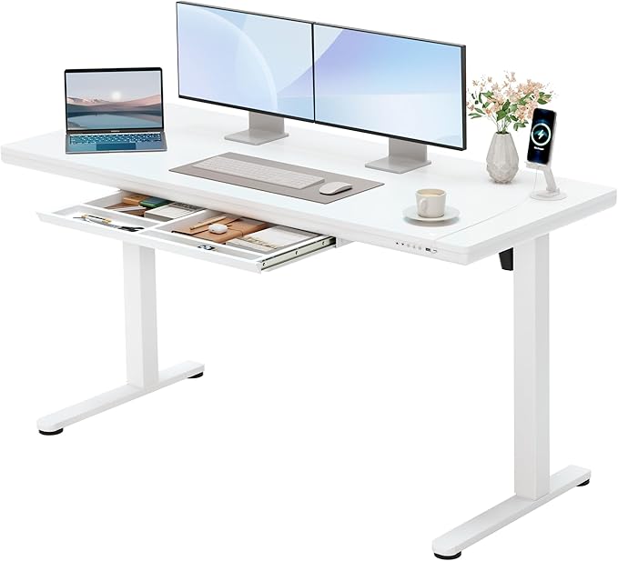 Furmax Electric Standing Desk with Drawers, Adjustable Height Home Office Sit Stand Desk with One-Piece Desktop & USB Charging Port for Computer Desks (White Desktop, 55 Inch)