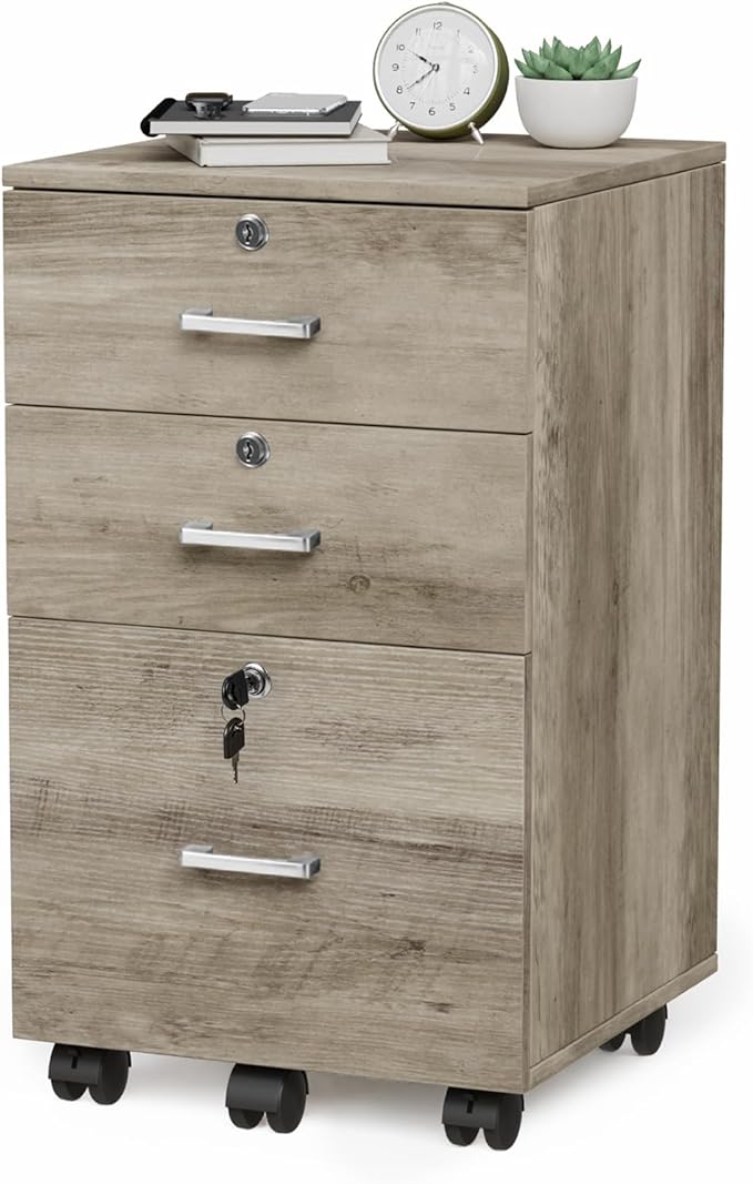 VINGLI 3-Drawer File Cabinet with Lock, Wood Rolling Under Desk File Cabinets for Home Office, Mobile Printer Stand & Filing Organizer for Letter Sized Files, 26" H(Caster Included), Rustic Gray