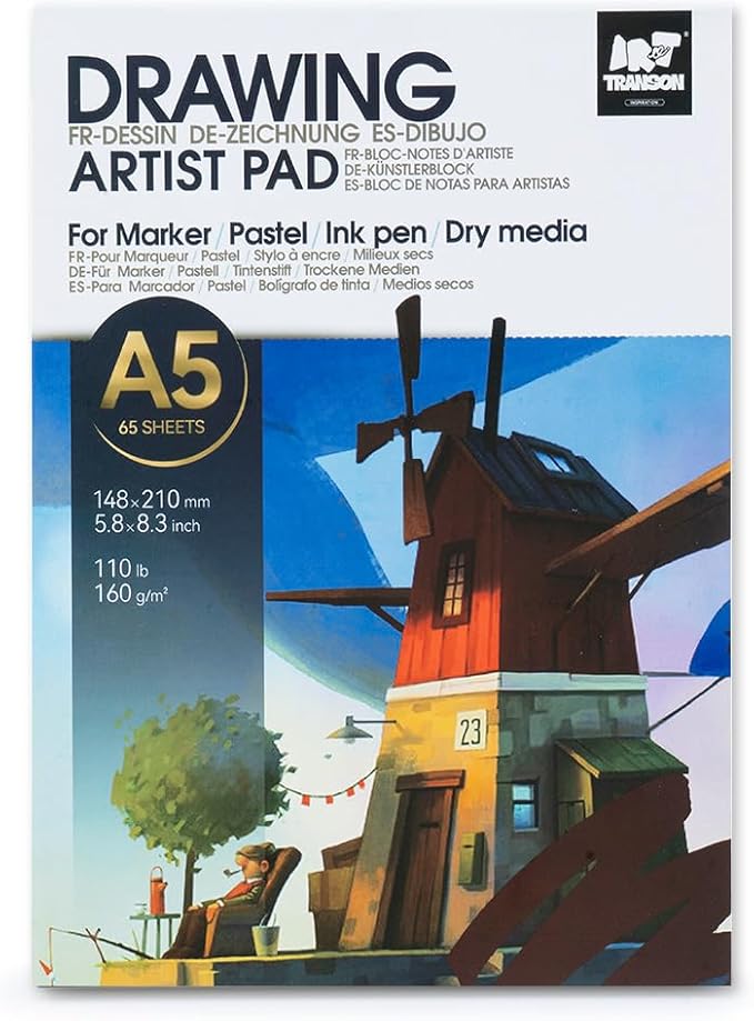 TRANSON Artist Mix Media Sketchbook Marker Pad, 5.8”x8.3” 65 Sheets A5 Art Papers, 110lb/160gsm for Painting, Drawing and Sketching