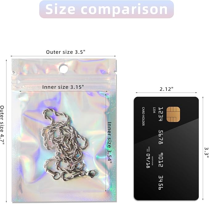 100Pcs Holographic Packaging Bags, 3.5x4.7 inch Resealable Foil Pouch Mylar Sample Bag Great for Small Business and Party