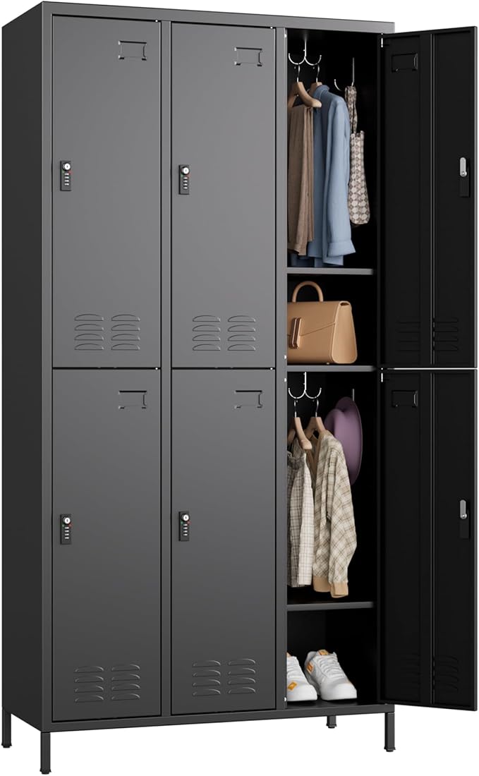 SUPEER 6 Doors Metal Locker for Employees with Combination Locks,Metal Lockers with Business Card Holder and 18 Hooks for Office Gym Home,Assembly Required,Black