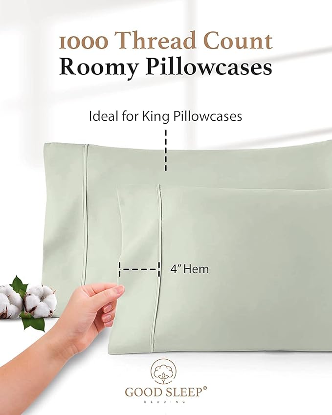 1000 TC Sage King Pillowcases Set of 2 100% Egyptian Cotton Pillow Cases - Image 3