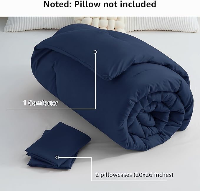CozyLux Navy Blue Full Size Comforter Set, 3 Pieces Solid Breathable Quilted - Image 7