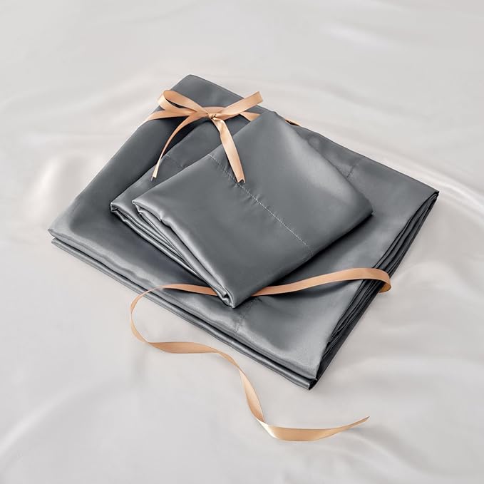 BEDELITE Satin Sheets Queen Size Bed Set, Luxury Soft Dark Grey Silky Sheets - Image 6