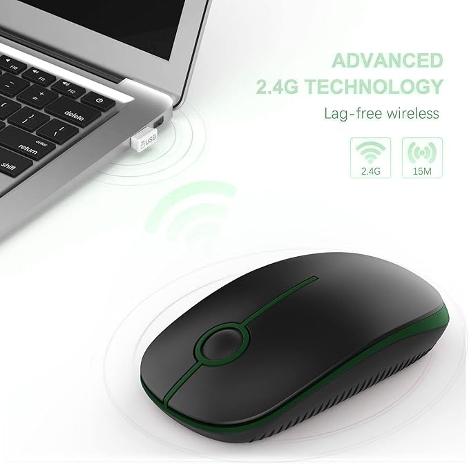 VssoPlor Wireless Mouse, 2.4G Slim Portable Computer Laptop Mouse with Nano Receiver Quiet Silent Optical Mice for Notebook, PC, Laptop, Computer-Black and Green