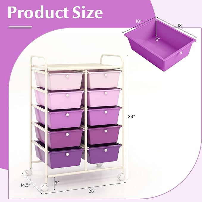 GOFLAME 10-Drawer Rolling Storage Cart, Art Craft Storage Organizer on Wheels, Multipurpose Movable Utility Cart for School, Office and Home, Purple Gradient