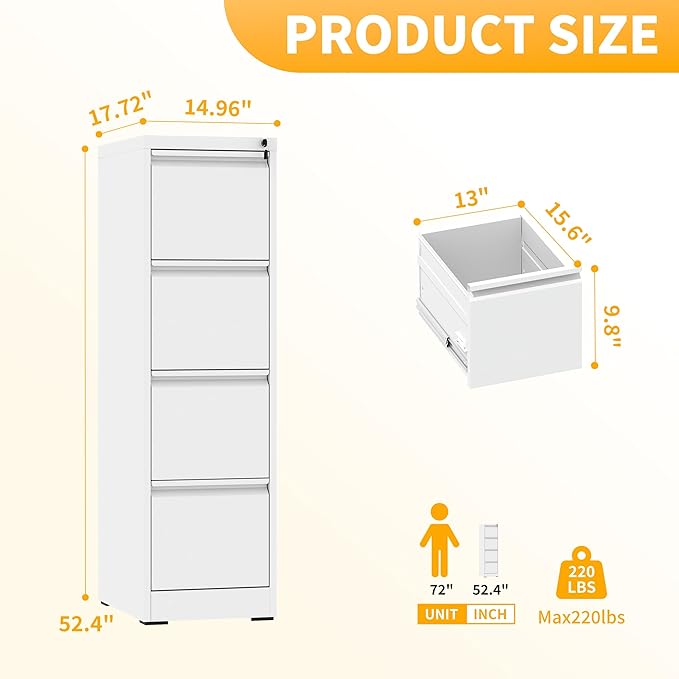 Reegangfa 4 Drawer File Cabinet with Lock, 18" D Metal Vertical Filing Cabinets, Steel File Storage Cabinets for Home Office, Hanging A4 Legal/Letter Size Narrow File Cabinet, Assembly Required