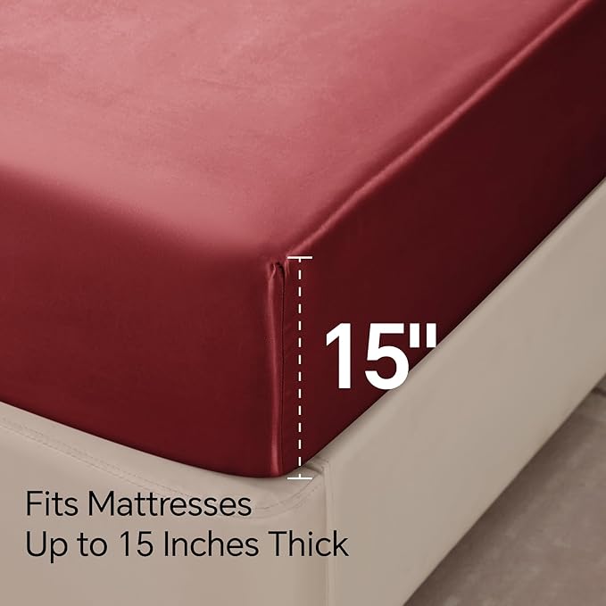BEDELITE King Size Sheets Set, Luxury Soft Burgundy Satin Sheets - Image 6