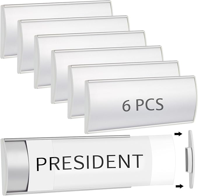 Therwen 6 Pcs Aluminum Office Name Plate Holder for Door Wall Mount 8'' x 3'' Business Sign Holder Office Door Sign Sturdy Curved with Plastic Film and Adhesive Tape (Silver)