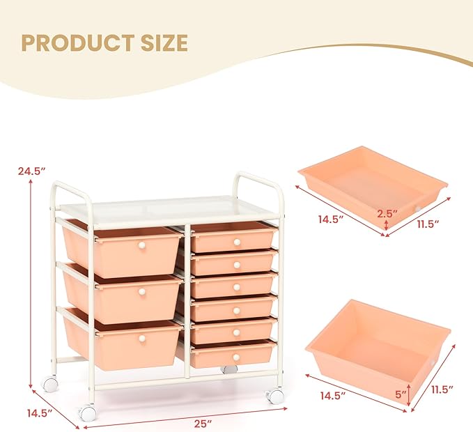 GOFLAME 9-Drawer Rolling Storage Cart, Mobile Utility Cart with Removable Drawers & Metal Frame, Art Craft Organizer Cart with Lockable Wheels, Storage Drawer Cart for Home Office School, Peach Fuzz