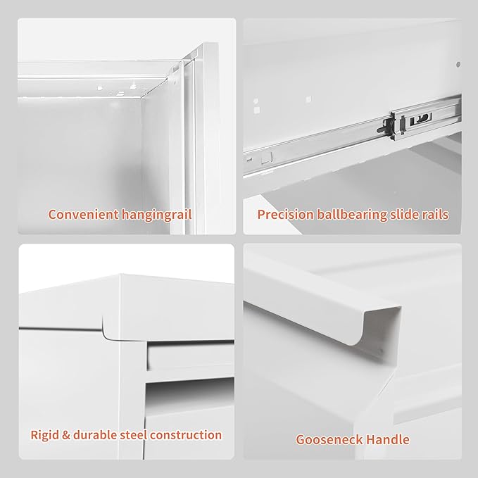 IKIMI 4 Drawer Locking File Cabinet with Wheels,White Metal Mobile Filing Cabinets,Vertical File Cabinet for Home Office,Heavy Duty Rolling Storage Cabinet for A4/Letter/Legal Size,Assembly Required